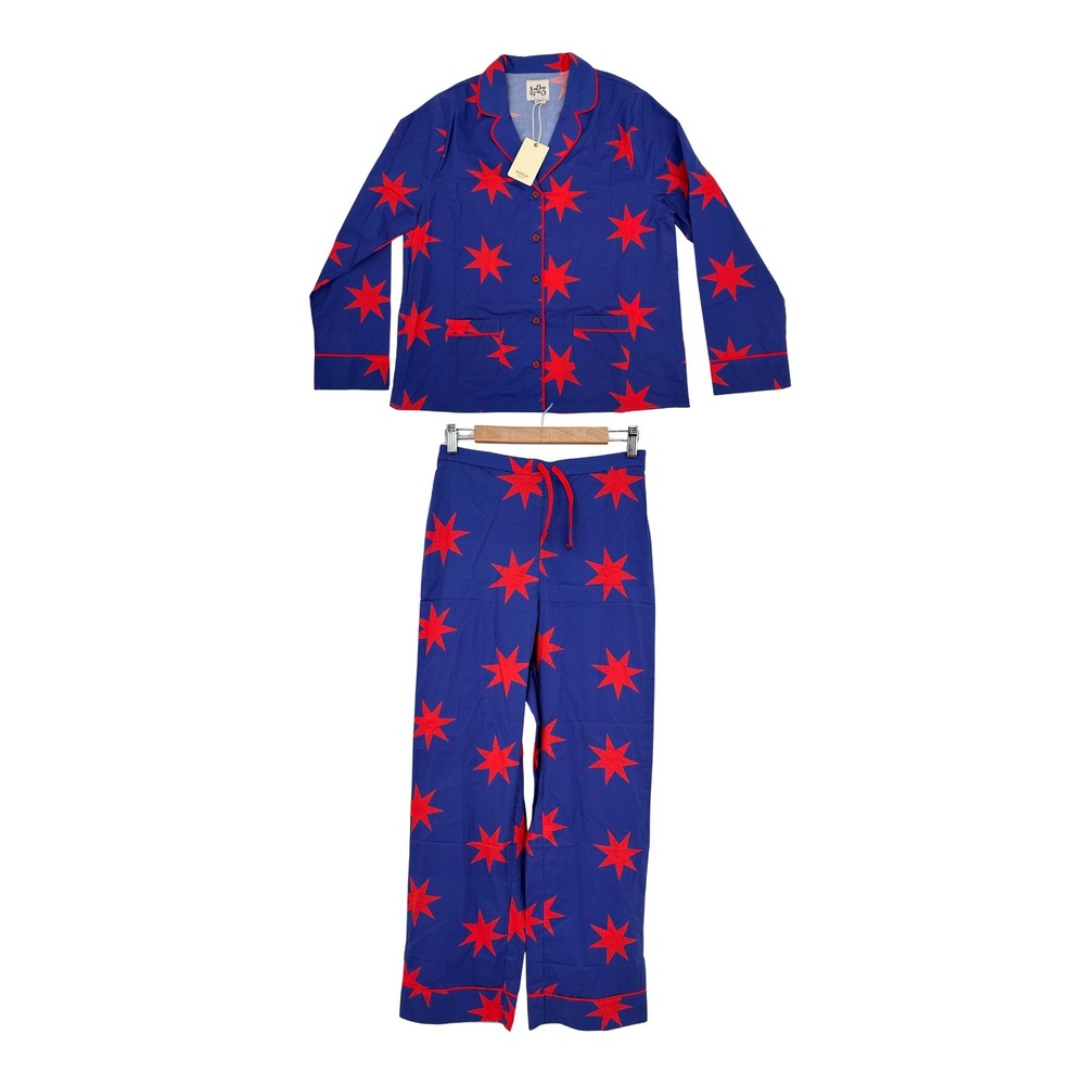 Avoca‎ Ireland Women S Blue Red Star Print Cotton Pajama Set Button Up Pants NEW